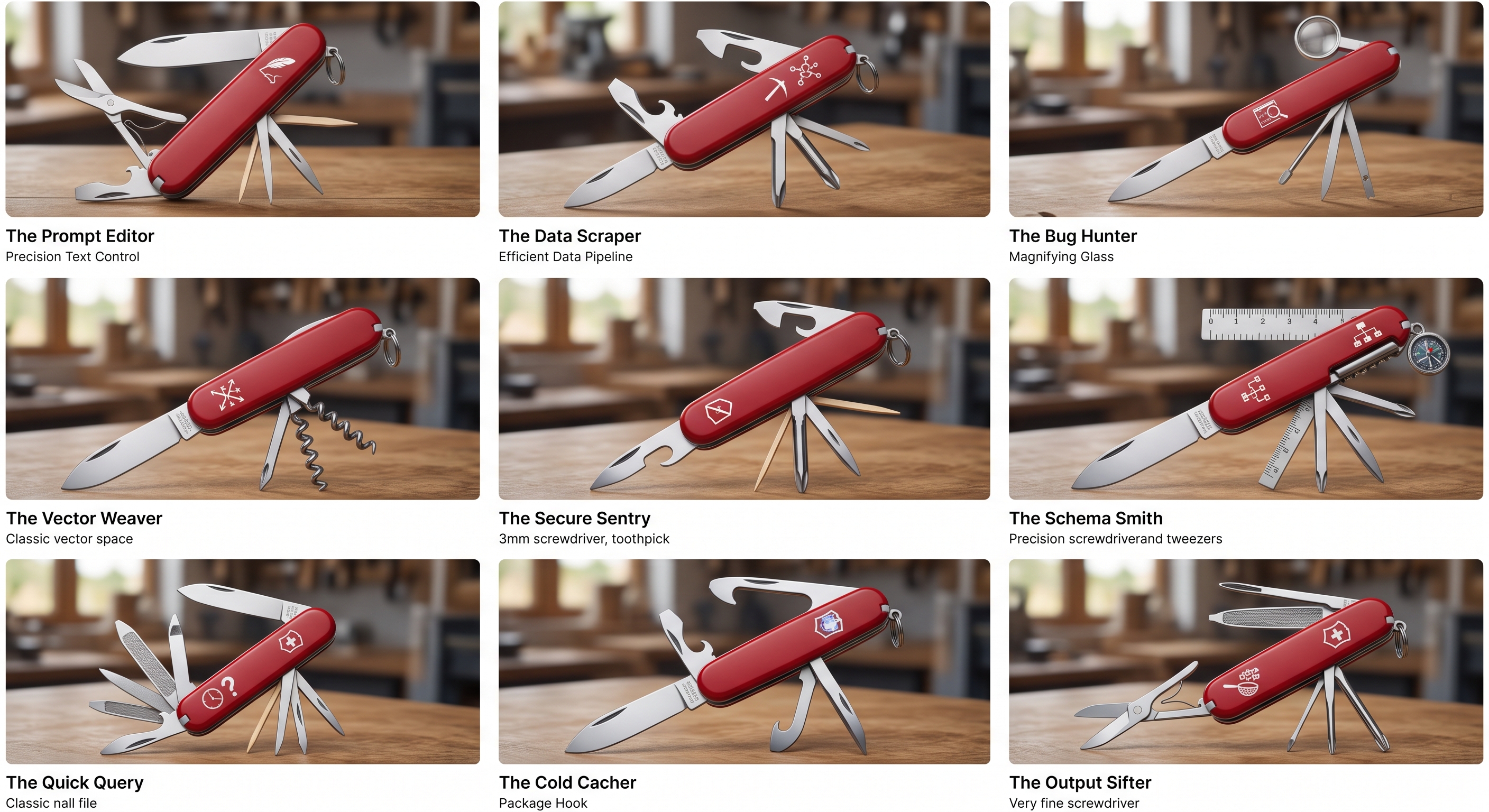 Nine specialized Swiss Army knives: Prompt Editor, Data Scraper, Bug Hunter, Vector Weaver, Secure Sentry, Schema Smith, Quick Query, Cold Cacher, Output Sifter