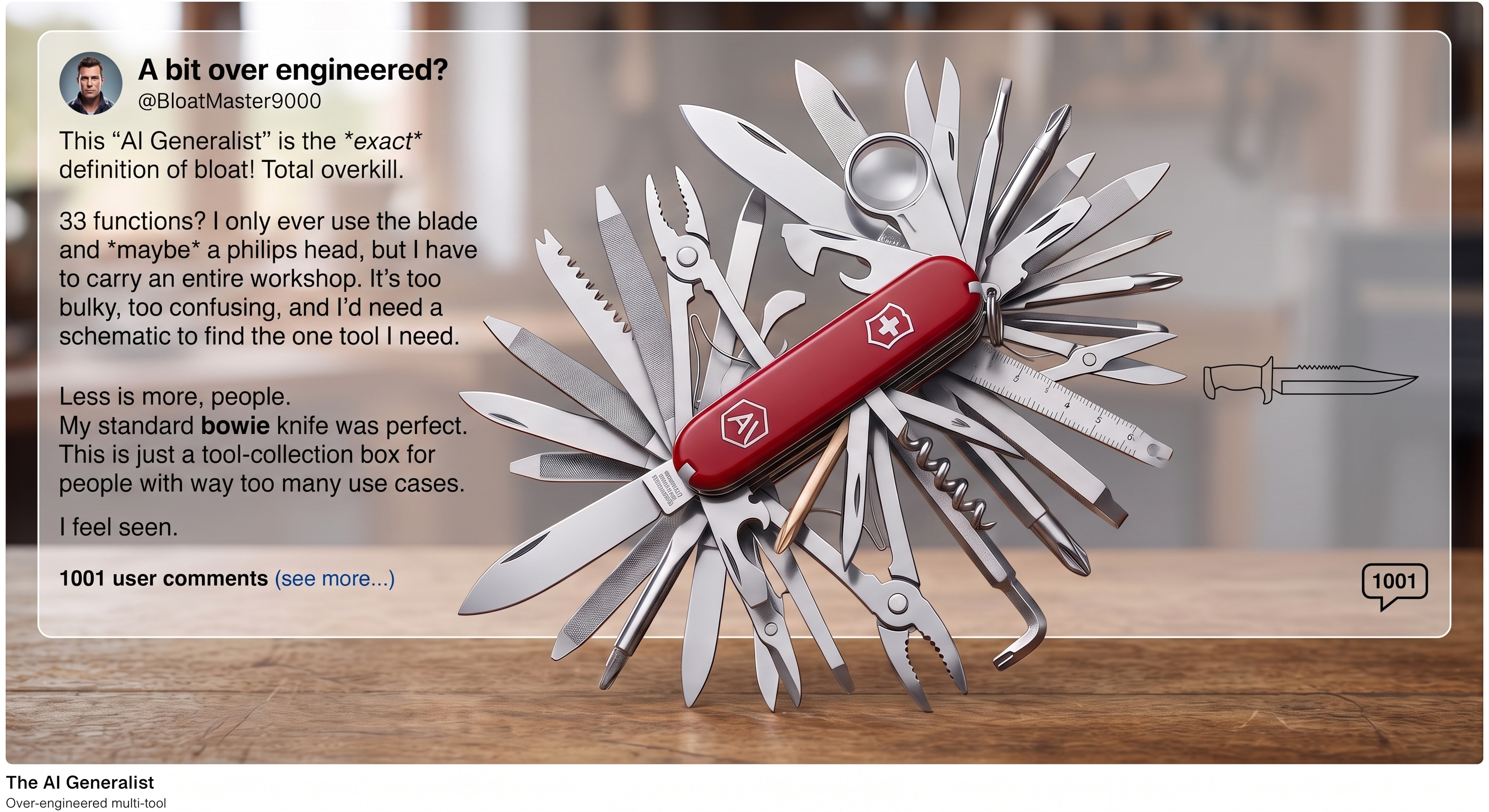 Satirical review: an over-engineered AI Generalist multi-tool with 33 functions